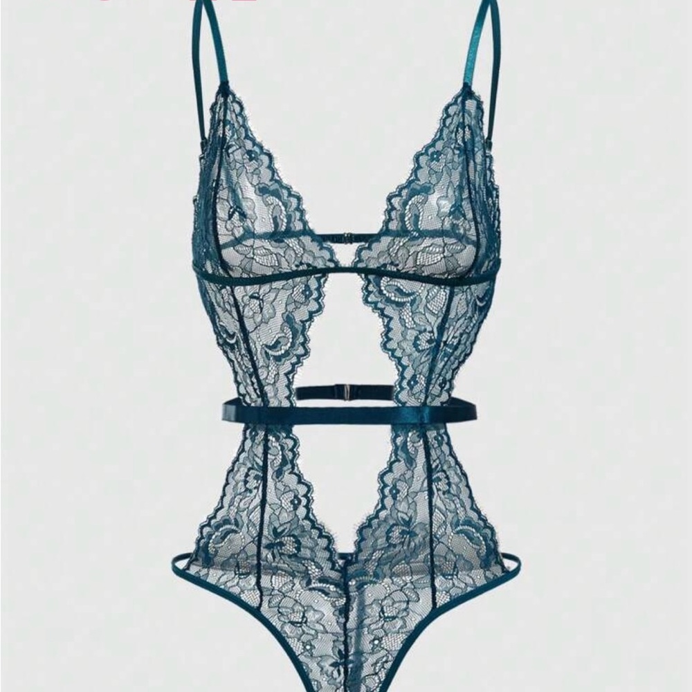 ROMWE Teal LACE Bodysuit Goth Cut-Out Strappy Lingerie M (6) NEW NWT